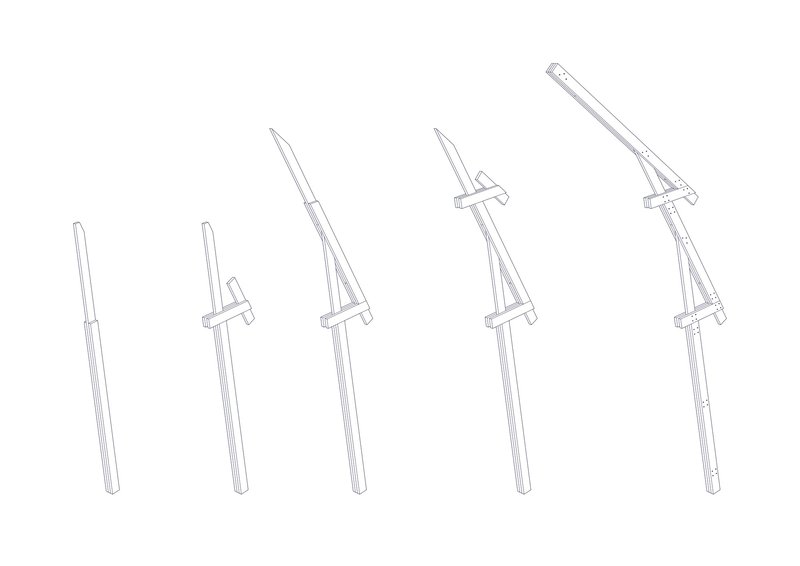 Diagram showing five angled timber support struts with horizontal cross-bracing connections in progressive tilting sequence