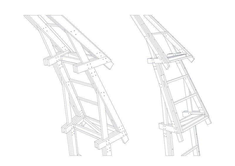 Isometric detail drawings of two angled timber frame modules with diagonal bracing and horizontal connection points