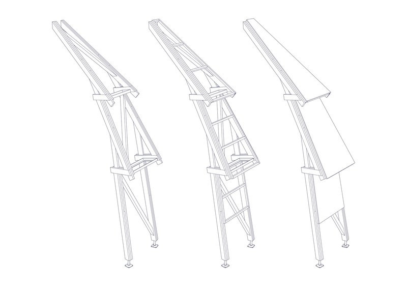 Axonometric sequence showing three stages of a tilting timber frame element from structural skeleton to panel-clad assembly