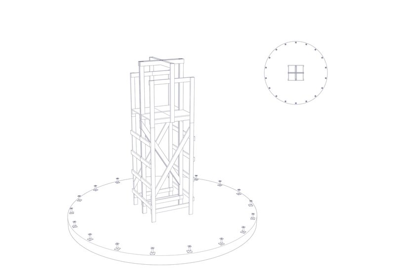 Isometric drawing of a square timber core tower on a circular platform with accompanying plan view