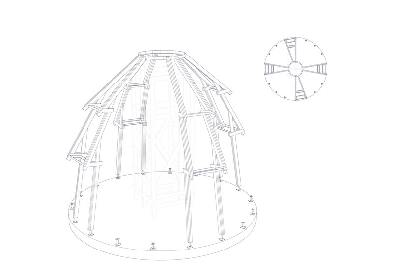 Isometric drawing of a conical timber frame with radial slanted panels and accompanying roof plan diagram