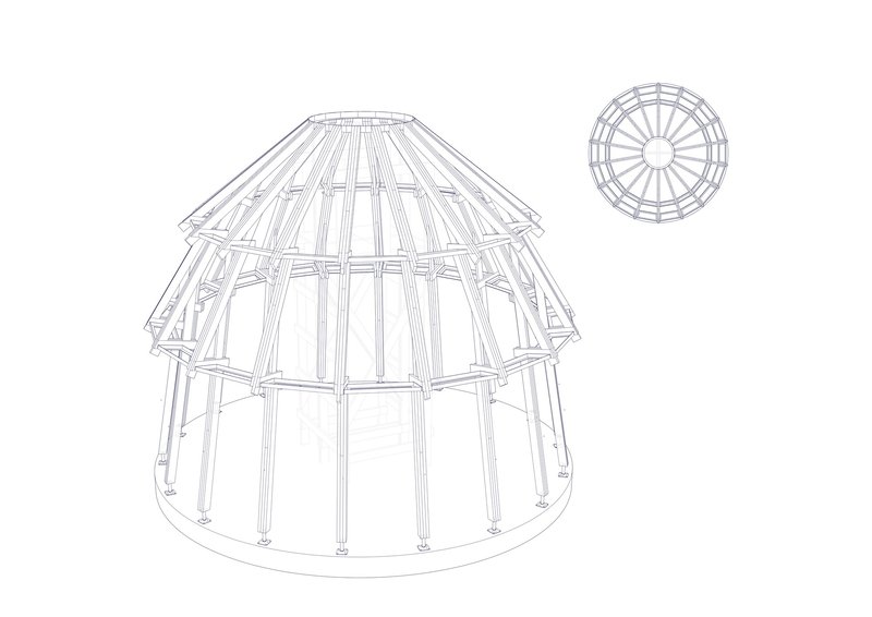Axonometric drawing showing a conical timber-framed structure with radial columns and tiered roof framing