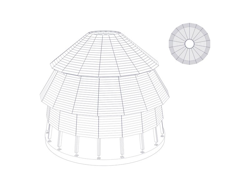 Axonometric drawing showing the same conical structure with horizontal cladding panels spanning between the tiers
