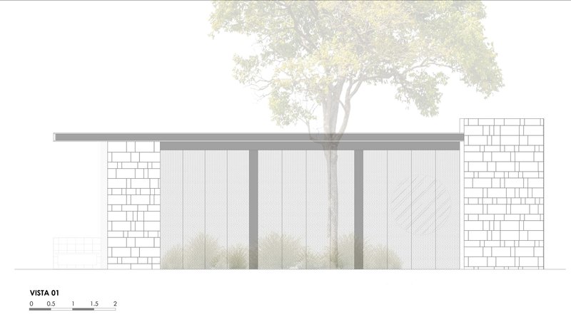 Elevation drawing showing low pavilion with block walls and sliding panels beneath a large tree
