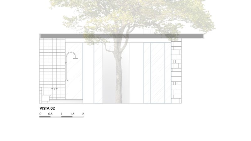 Elevation drawing showing outdoor shower detail with tile wall and vertical slat panels beside tree trunk