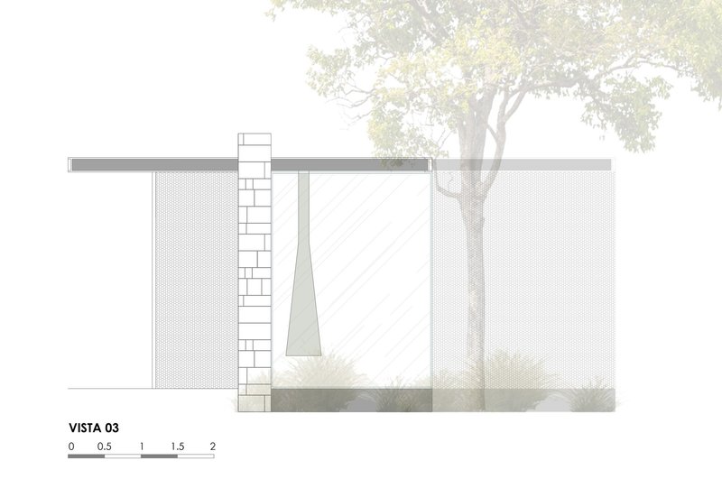 Section drawing showing a masonry wall and flat roof with a tree beyond