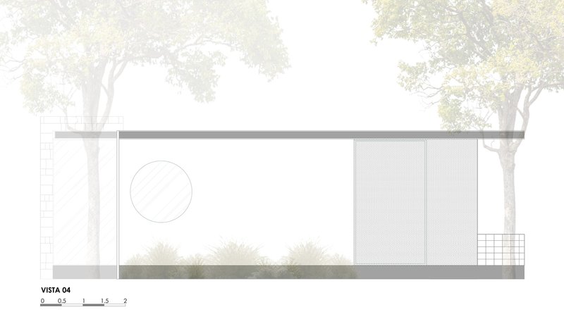 Section drawing showing a single-story volume with a flat roof and adjacent trees