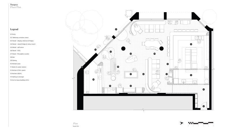 Floor plan drawing showing angled perimeter walls with dining and retail counter areas