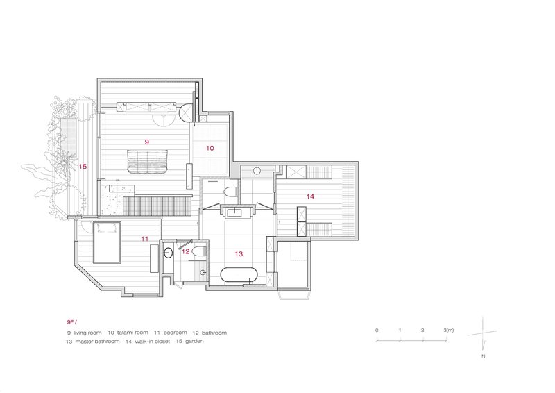 Floor plan drawing showing living room, bedrooms, bathrooms and garden in an angular layout