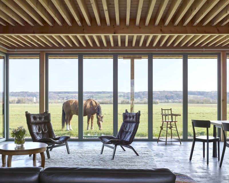 Living room with exposed beam ceiling and full-height glazing overlooking pasture with grazing horse