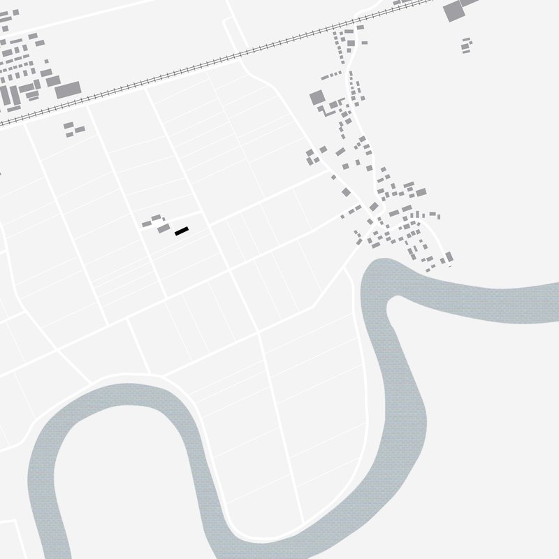 Site plan drawing showing a rectangular structure among scattered rural buildings near a railway line and river