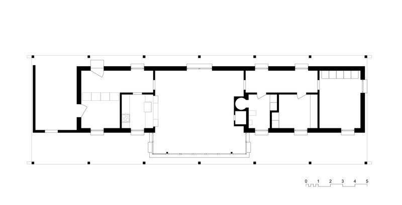 Floor plan drawing depicting a linear layout with bedrooms, bathroom, kitchen, and wraparound porch