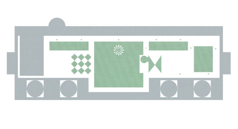 Site plan drawing showing green courtyards with circular tree planters and geometric paving patterns