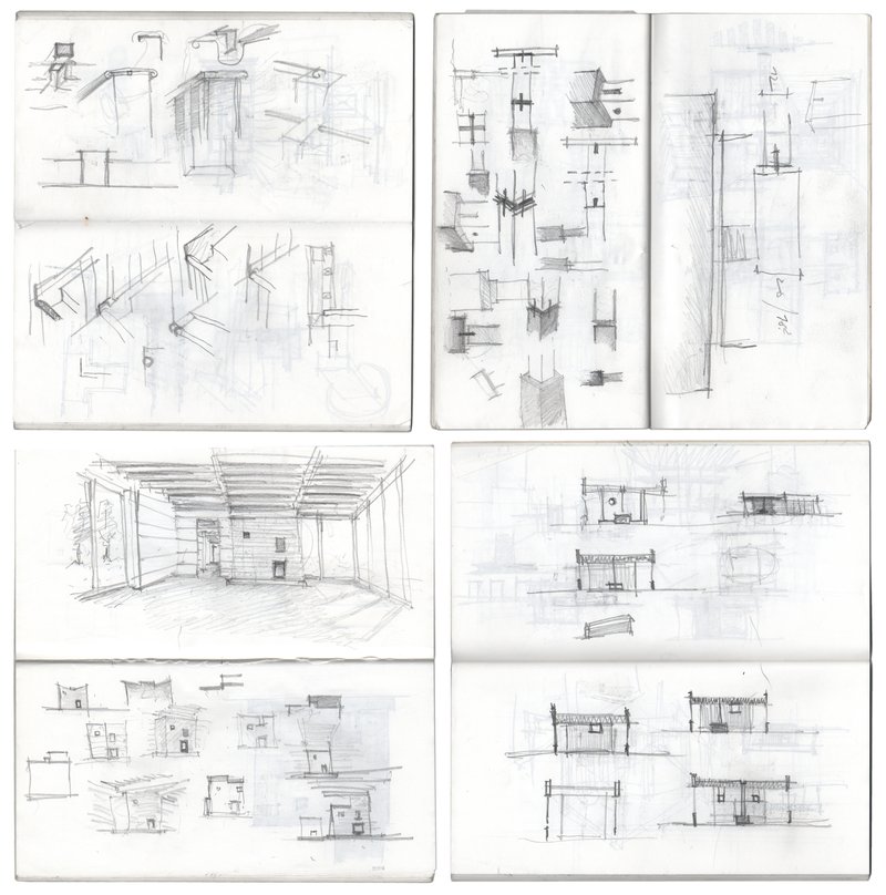 Sketchbook pages with hand-drawn studies of structural joints, roof framing, and interior perspectives