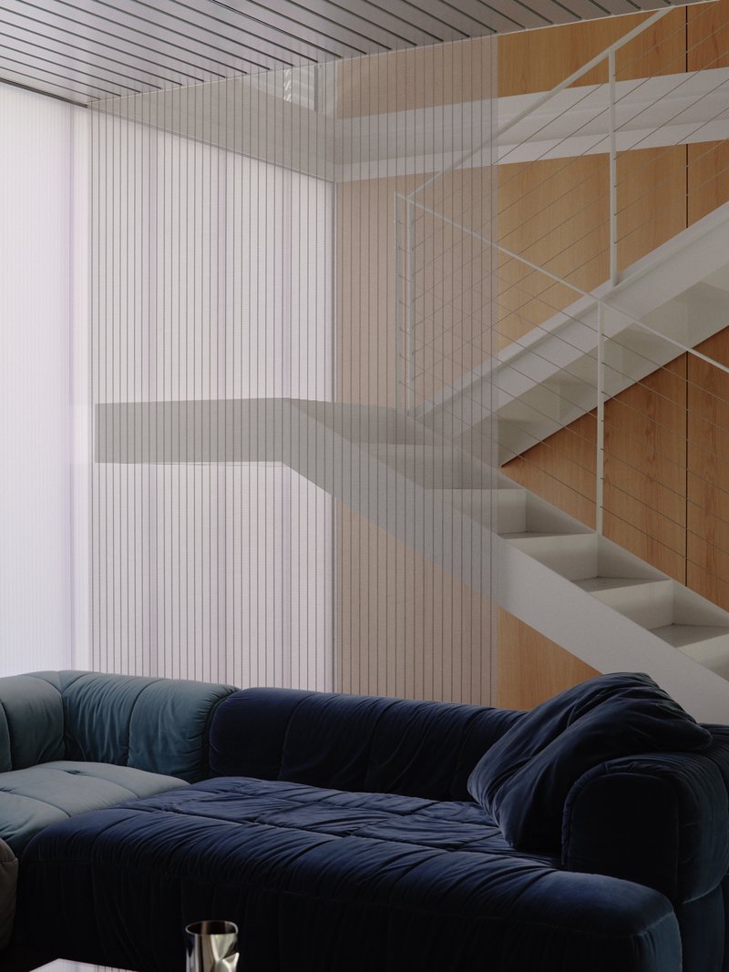 White steel staircase against wood-paneled wall with translucent curtain filtering daylight