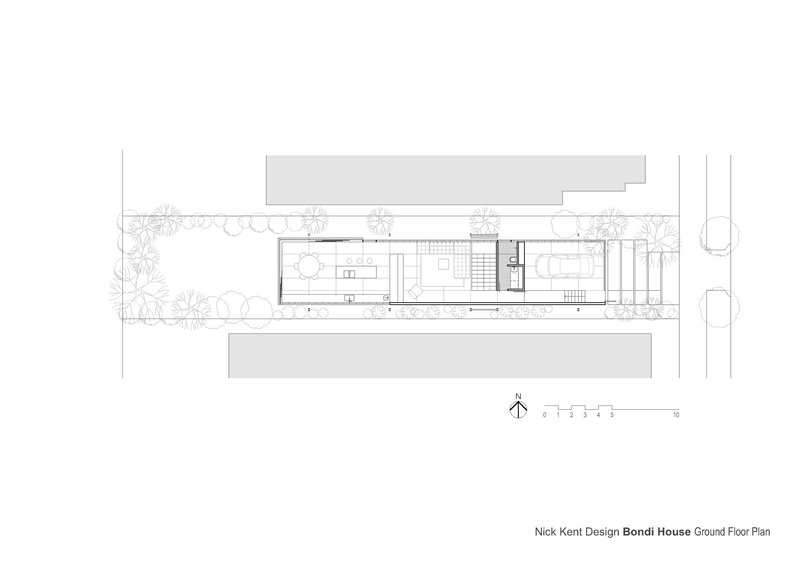 Ground floor plan drawing showing a linear residence with landscaped yards flanking the north and south sides