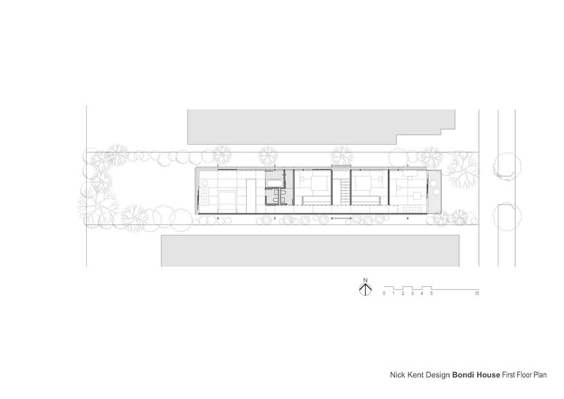 First floor plan drawing showing bedroom volumes and central stair within a narrow rectangular footprint