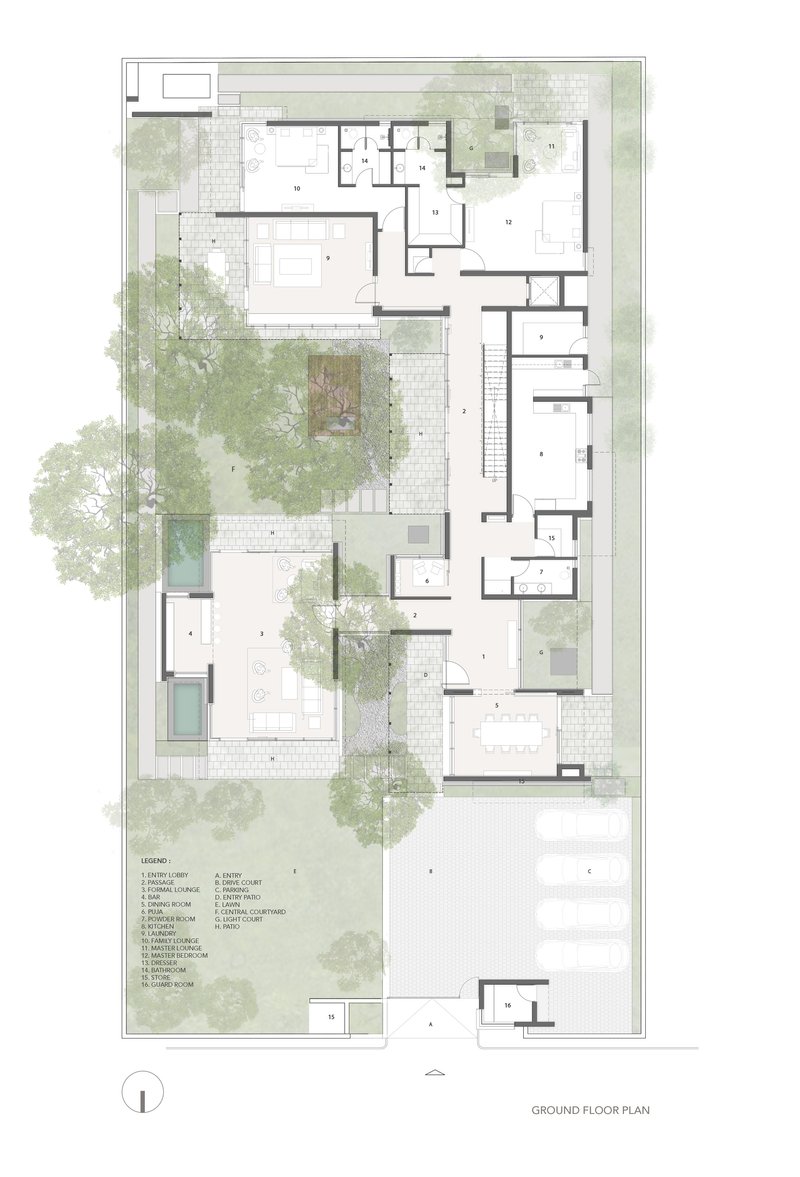 Ground floor plan drawing showing rooms organized around a central courtyard with existing trees rendered in watercolor