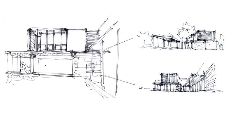 Sketch studies showing three perspective views of the pavilion volumes and roof overhangs with surrounding trees
