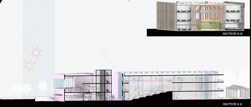 Sectional diagram showcasing spatial flow, stepped learning platforms, and daylight penetration across the building.