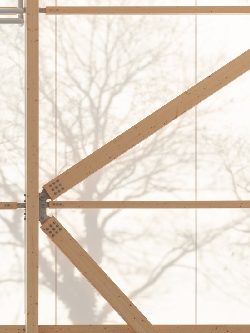 Timber diagonal brace with dowel connections against translucent glazing and bare branches