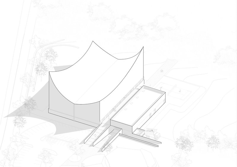 Axonometric drawing showing a curved roof volume connected to rectangular wings with surrounding trees