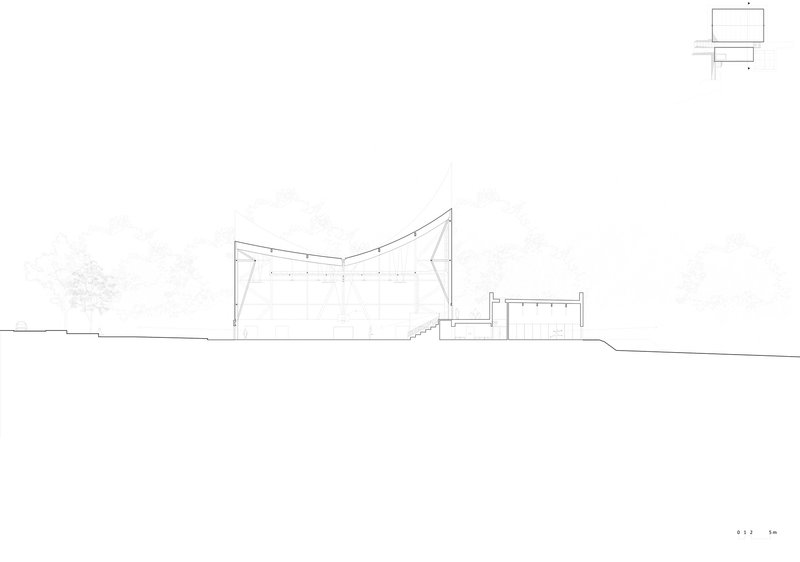 Section drawing showing the curved roof structure with an adjacent rectangular service volume