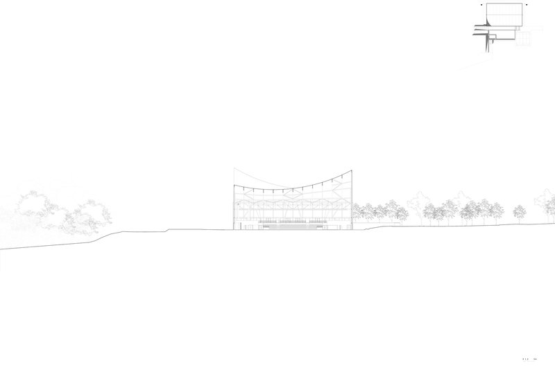 Section drawing showing the sweeping roof form with trees flanking both sides