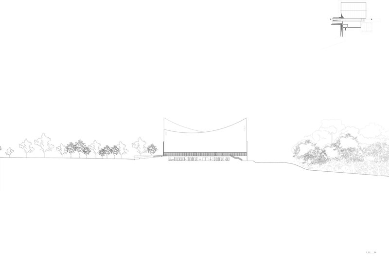 Section drawing depicting the undulating roof profile set within a tree-lined landscape