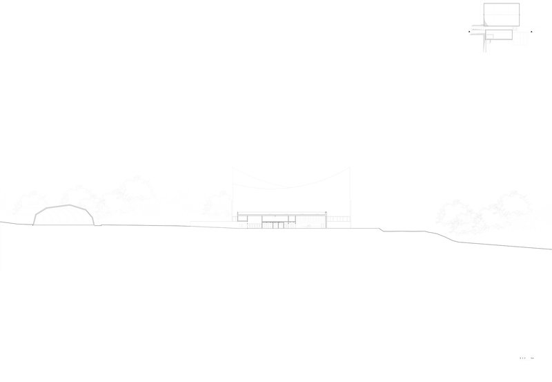 Section drawing showing the low rectilinear volume with a domed form to the left