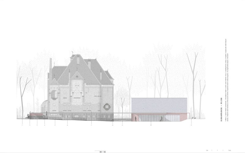 Elevation drawing showing a historic mansion tower beside a low corrugated metal pavilion among bare trees