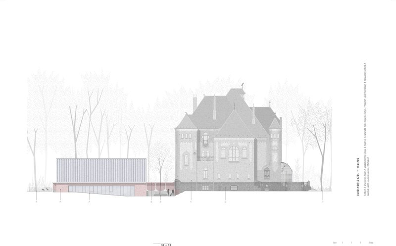 Elevation drawing depicting a chateau behind a low horizontal addition with pink masonry base and metal cladding