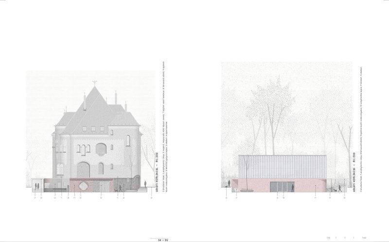 Paired elevation drawings showing the turreted historic structure and the metal-clad addition with vertical cladding among winter trees