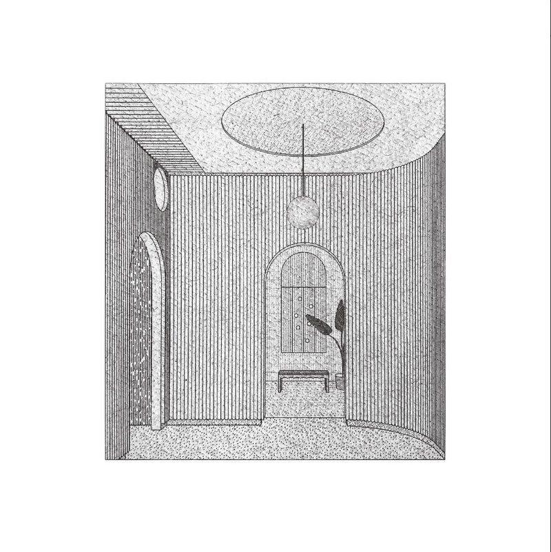 Perspective drawing of a room with vertical fluted walls and an oval ceiling oculus