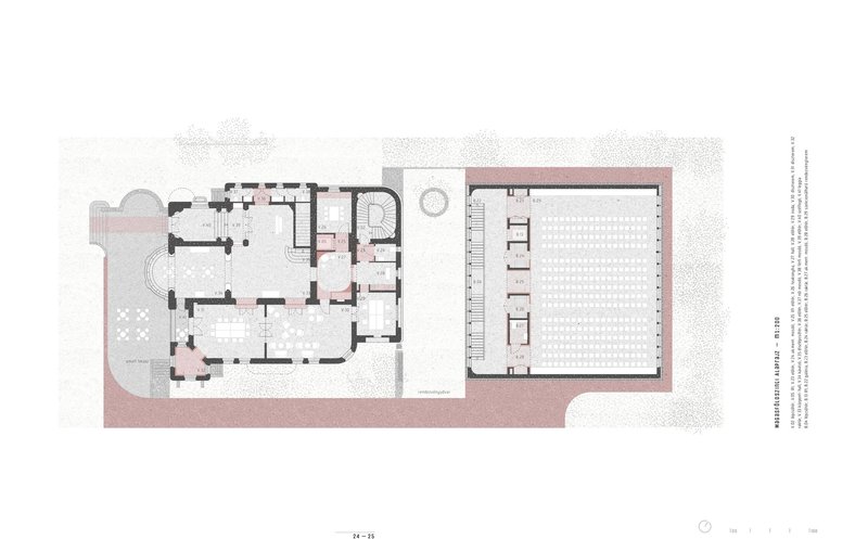 Ground floor plan drawing showing a tiled courtyard and a large gridded assembly hall adjacent to historic rooms