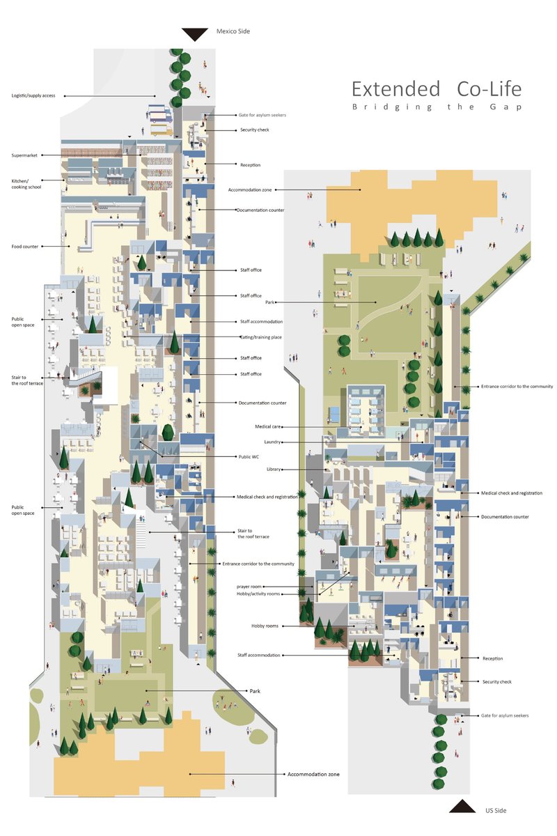 Integrated plan showing public, administrative, and accommodation zones structured along a continuous spatial system.