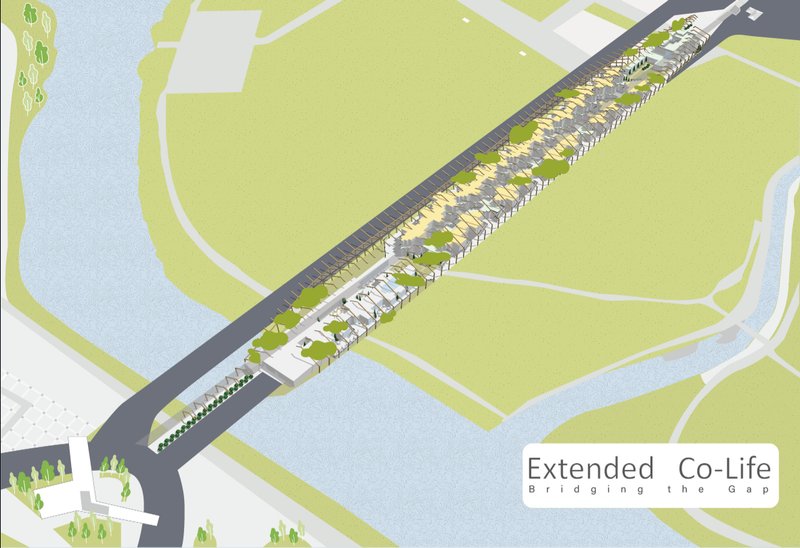 Linear community bridge transforming infrastructure into a humanitarian co-living spine across the border.