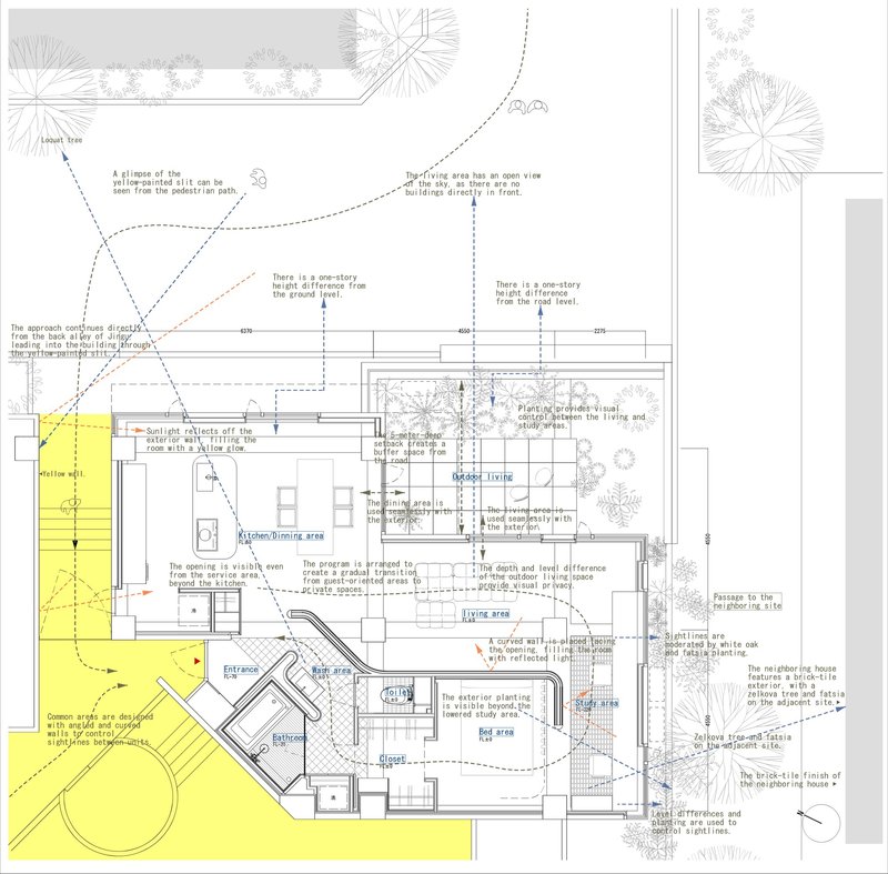 Annotated floor plan drawing with yellow-highlighted entry sequence and outdoor living spaces