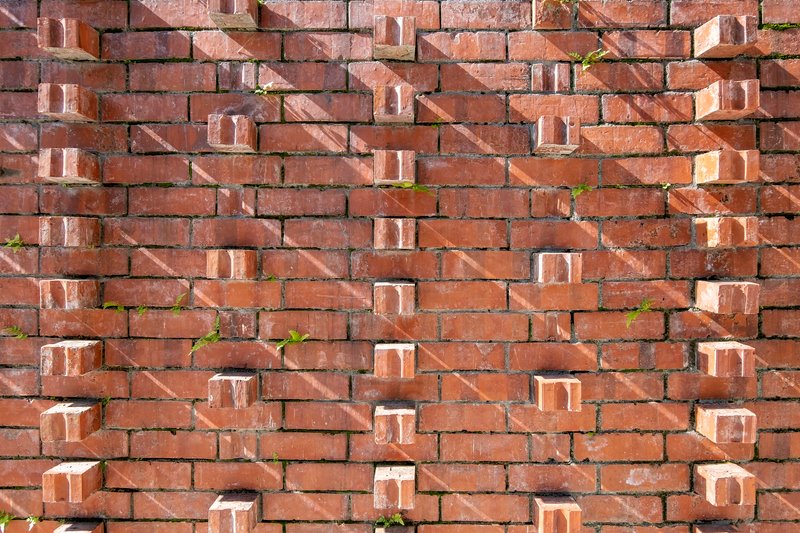 Close-up of brick wall with protruding header bricks and small plants growing in the joints