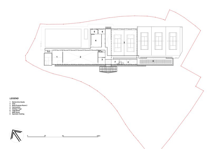Floor plan drawing showing a linear arrangement of studios and multipurpose spaces with three outdoor courts
