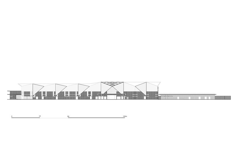 Elevation drawing showing the continuous low profile with tensile roof structures and linear massing