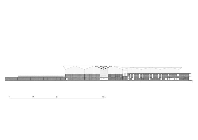 Elevation drawing depicting the horizontal facade with varied fenestration and a central lattice roof element