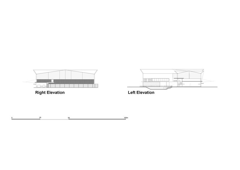Left and right elevation drawings showing the sloped roof profiles and horizontal bands of glazing