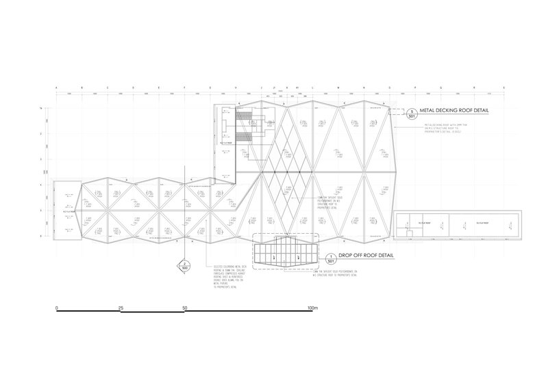 Roof plan drawing showing undulating roof geometry with metal decking and drop-off roof detail callouts