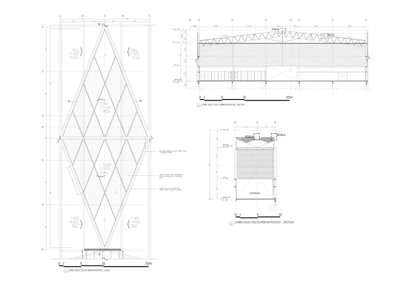 Elevation and section drawings showing diamond-patterned facade with structural details and roof assembly