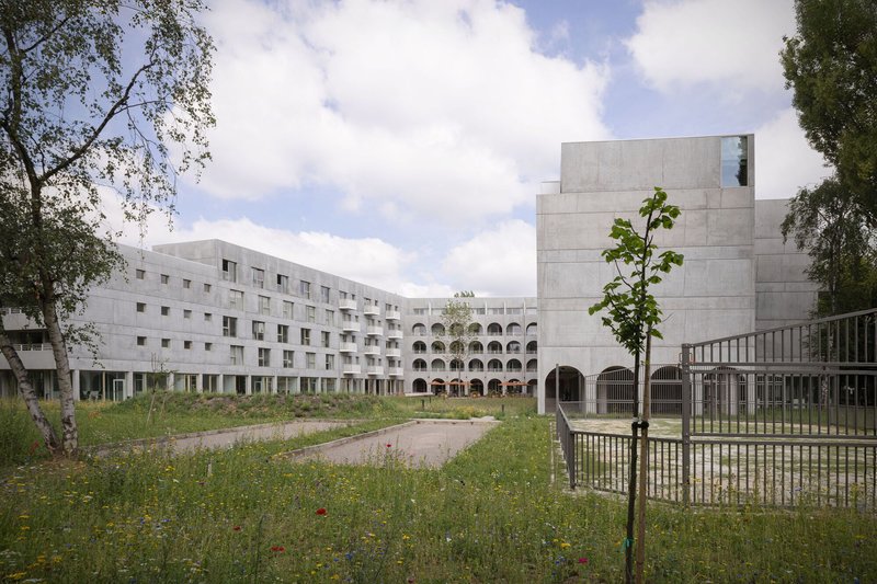 View across wildflower meadow toward concrete housing blocks with arched arcade and young tree