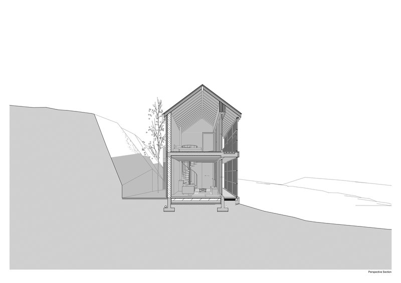 Perspective section drawing showing a two-story gabled house with interior staircase and upper balcony