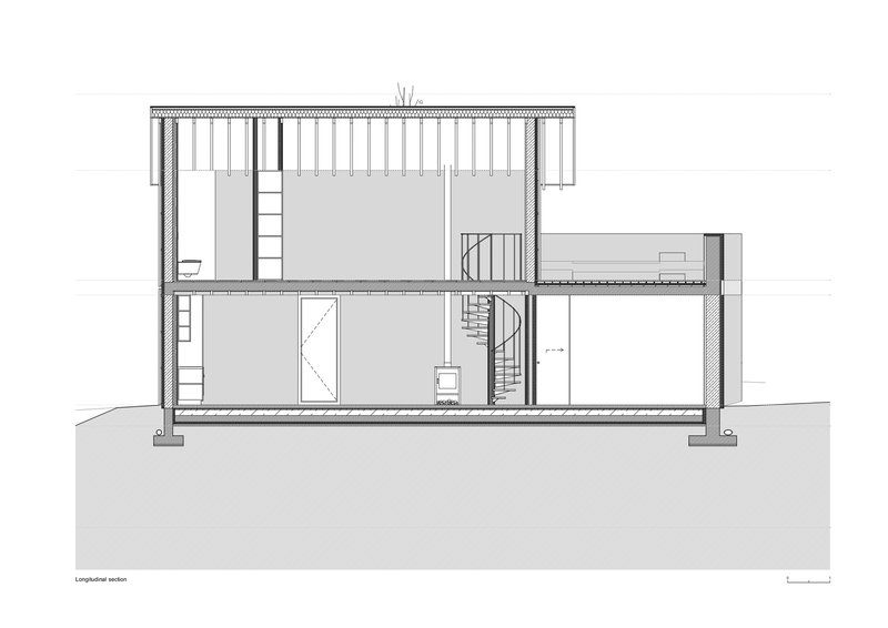 Longitudinal section drawing revealing the two-level interior with spiral stair and roof terrace with railings