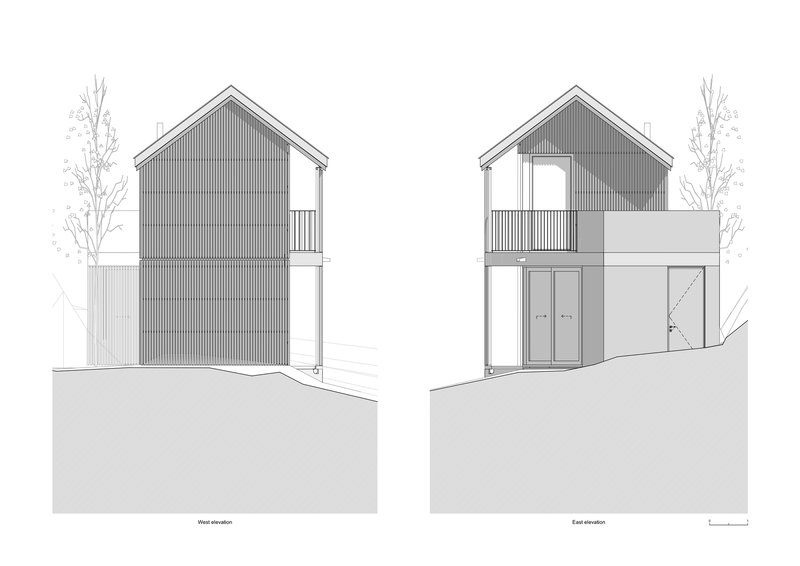 West and east elevation drawings of the gabled structure with vertical siding and sloped site