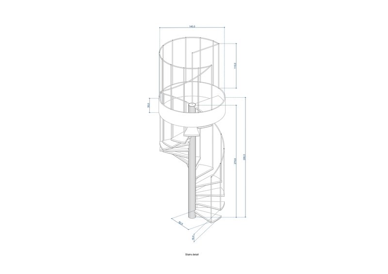 Axonometric detail drawing of a cylindrical spiral staircase with dimensioned measurements